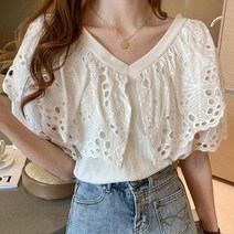 큰카라 레이스 블라우스 여름 패션 데님 스커트 코디;A37007