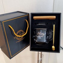 Z3JC 패밀리룩 심플 머그컵, 스톤 블랙 (뚜껑+스푼+우드매트+선물세트)