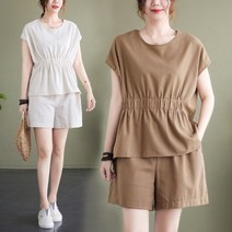 봄 여름 린넨 웨이스트 밴딩 셔링 투피스 세트 여름 빅사이즈 린넨 상의 반바지 나시 하의 루즈핏 퍼프 반팔 하객룩 휴양지원피스