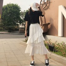 롱스커트 치마 빈티지 새로운 여름 블랙 화이트 여성 맥시 고스 하이 웨이스트 라인 여성 비대칭 하이 로우 프릴