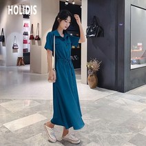 HOLIDIS 여성 반팔 셔츠 원피스 여름 스트랩 조거 롱 스커트 빅사이즈 쉬폰 루즈핏 캐주얼 스커트