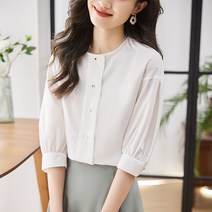 여름 쿨맥스 라운드넥 면화이트 셔츠 중소매 루즈핏 상의 여 세련된 버튼 패션 셔츠