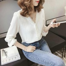 와이제이 국내 당일 발송 주름 브이넥 진주 블라우스 레이스 주름셔링 YJK176