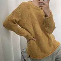 뜨개진 여성용 루즈핏 다이아 패턴 옆트임 언발 가니스 라운드 니트