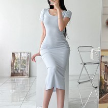 슬림핏 스판 U넥 옆트임 반팔 무지롱원피스