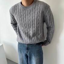 구김제로 포근한 라운드 파스텔 니트 두툼한 꽈배기 긴팔 무지 겨울 이너 울 남친룩 커플