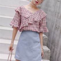 오노마 오노마 ONM 사선 프릴 화사한 러블리 체크 브이넥 5부 블라우스 (9014387)