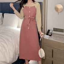 아리따 D1132 긴소매 투톤 오피스룩 루즈핏 배색 가을 봄 롱원피스