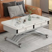 리프트업 테이블 탁자 식탁 높낮이조절 높이 조절 좌식 수납 거실 다용도 소파, 90x45 화이트 유리 - 서랍2개