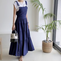 하이데일리 멜빵 린넨 훌 롱 원피스