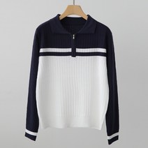 여성용 루즈핏 포멀 카라넥 캐주얼 시보리 배색 반집업 데일리 골지 니트
