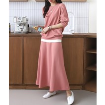 여자 봄가을 주름없는 무지 오버핏 등원룩 미시룩 레이어드 이너 맨투맨 롱스커트 코디 세트