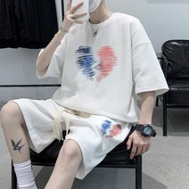 오버사이즈 와플 남성 투피스 반팔 상의+반바지 세트 고급스러움 한 벌 코디 여름