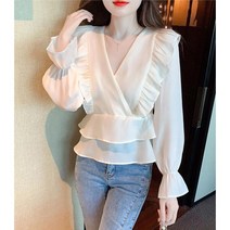 상의 여름 여성 살구 프릴 쉬폰 블라우스 봄 루즈핏 날씬해 보이는 긴팔 브이넥 셔츠