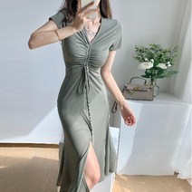 DFMEI.봄여름 스커트--Stunning dress.프렌치 스커트 브이넥 셔링 반팔 슬림핏 바캉스 원피스