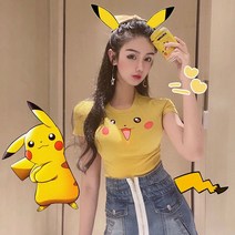 여름크롭티 스키니핏 가슴을 드러내다 빅 숏 배꼽티셔츠 여학생 인싸템 아나운서 반팔 슬림 상의 2927442724, S, 피카츄 엘로우