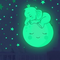 야광스티커 아이방 꾸미기 벽지 천장 인테리어 포인트 시트지 환타스틱스 인어공주 요정 무지개 유니콘 우주여행 행성, 13 달과 아기코끼리