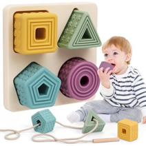 BOBXIN Baby Stacking Building Soft Block Toys Infant Shape Sorter with Sensory Texture Educational Learning Toy for Play Matching & Threading Game, 상세참조