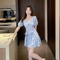 [HEIPANG] 여성 스퀘어 칼라 슬림 주름 플라워 미니 원피스
