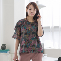 [이헌영] 러플 포인트 쉬폰 패턴 블라우스 브라운 20BS5042B0