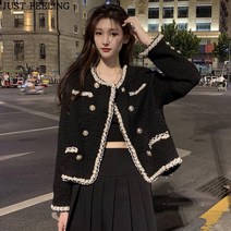 JUST FEEL!NG 여자트위드자켓 추동 패션 기본 베이직 소향풍 오버핏 긴팔 모직 20대 30대 예쁜 아우터 트리밍 블랙 코트