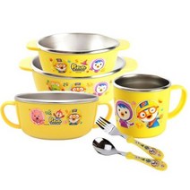 뽀로로 논슬립 스텐 식기 세트, 옐로우, 공기 + 대접 + 양수볼 + 컵 + 스푼포크(랜덤발송)