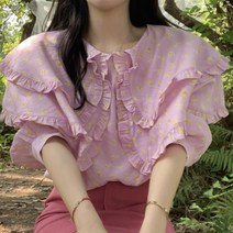 베이비돌블라우스 분홍 프릴 꽃무늬 7부 빅카라 여름 화이트 귀여운 키작녀