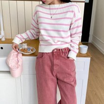 바보사랑 여자 입술넥 보트넥 단가라 봄니트 긴팔티.옷자락(무료배송)