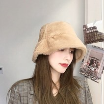 아이보리 베이지 극세사 밍크 퍼 명품 버킷햇 여성 벙거지 챙넓은 모자