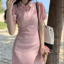 [랜덤플레이] 카라넥 어깨퍼프 슬림핏 미니 원피스