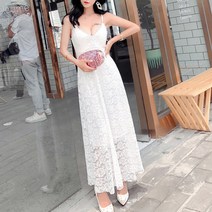 당일배송 플라워 레이스 자수 캡내장 브이넥 나시 롱원피스 스냅촬영 셀프드레스 화이트 블랙