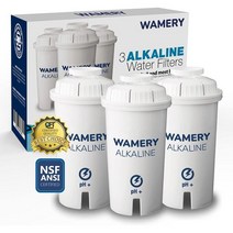 Wamery 인증 알칼리성 정수 필터 교체는 Brita Pitcher Cartridges 3팩에 적합하며 물의 pH를 높입니다., 3 Pack