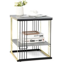 Giantex 인조 대리석 엔드 테이블 2개 세트 황금색 금속 프레임과 탈착식 선반이 있는 현대적인 정사각형 나이트스탠드 거실 침실 작은 공간을 위한 2단 침대 옆 조립 회색 및, [01] 일