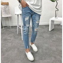 스판 커팅 9부 3573 연청 데미지 디스트로이드 구제 밑단 커팅데님진
