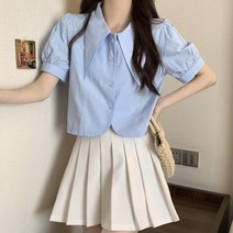 화이트 코튼 면 보세 바스락 셔츠 크롭 블라우스 반팔 무지 루즈핏 캐주얼 남방 SY