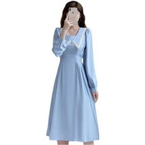 딜라이 여성 긴 소매 귀여운 V넥 블루 원피스