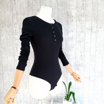 골지 라운드넥 버튼 바디수트(긴소매 헨니 롬퍼 점프수트 운동복)