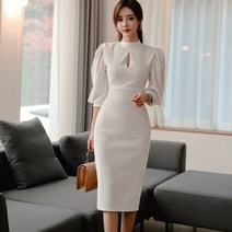 런메시 Runmecy 여성 슬림 기질 차이나넥 초롱 소매 힙업 원피스