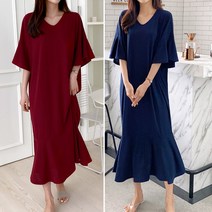 러브포텐 여성 빅사이즈 브이넥 롱원피스 소매프릴 셔링 롱원피스 드레스 브이넥 홈드레스 원피스 봄/여름 데일리웨어 셔링 원피스