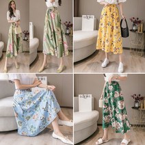 플라워 꽃무늬 여성 롱 스커트 봄 여름 가을 A라인 항아리 캉캉 치마 잔꽃 예쁜 에어쿨링 폴리 여성스러운 허리 밴딩 고무줄 간절기 긴 여자 하의 차박 캠핑 휴가 여행 비치 편한
