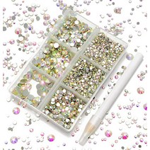 AD Beads 4300피스 플랫 백 네일 아트 라인스톤 라운드 비즈 6가지 사이즈 (26.5mm) 보관 정리함 상자 포함 폰 장식 공예 DIY용 피킹 펜 (혼합 색상) 441, Crystal AB