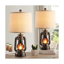 농가 랜턴 테이블 램프 거실용 2개 세트 듀얼 USB 충전 포트가 있는 빈티지 침실 레진 램프 소박한 레트로 침대 옆 나이트 스탠드 책상 램프 리넨 패브릭 쉐이드 전구 4개 포함(, 브론즈