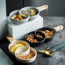 세라믹 짬짜면 용기 사기 그릇 식기 반반 나눔 도자기, 더블 라운드 나무 손잡이 플레이트 - 베이지