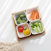 덕주방 도자기 사각 반찬 우드트레이 세트 나눔접시, 사각접시4개+트레이