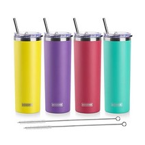 koodee 빨대 달린 591 5ml(20온스) 스키니 텀블러 스테인리스 스틸 이중벽 단열 슬림 여성 남성용 DIY 생일 선물 (퍼플) 미국직송, 4 Count (Pack of 1), 옐로우-퍼플-와인 레드-틸