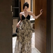 비치원피스 휴양지원피스 Sanya-여행용 슬링 롱 드레스 여름 비치 스커트 여성 해변 휴가 등이없는 주름