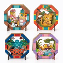 민화 우드시어터 키트 전통 액자 DIY 초등만들기 우드 조립 색칠하기 꾸미기 세트 방과후수업 복지관 어르신 학생 돌봄교실 나무 공작 민화샵 교구, 우드시어터(책가도)