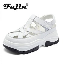 Fujin-통기성이 좋은 천연 가죽 통기성 플랫폼 샌들 7cm 웨지 힐 신발 청키 샌들 비치 신발 슬라이드