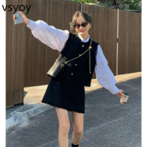 vsyoy 가을 새 소금 착용 왕실 언니 작은 향기로운 바람 높은 감각 작은 캐주얼 투피스 슈트 스커트 여성 의류