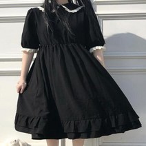 4월결혼식하객룩 예복원피스 상견례옷차림 여성 프레피 스타일 드레스 여름 선원 칼라 퍼프 슬리브 블랙 일본 하라주쿠 귀여운 캐주얼 느슨한 미디